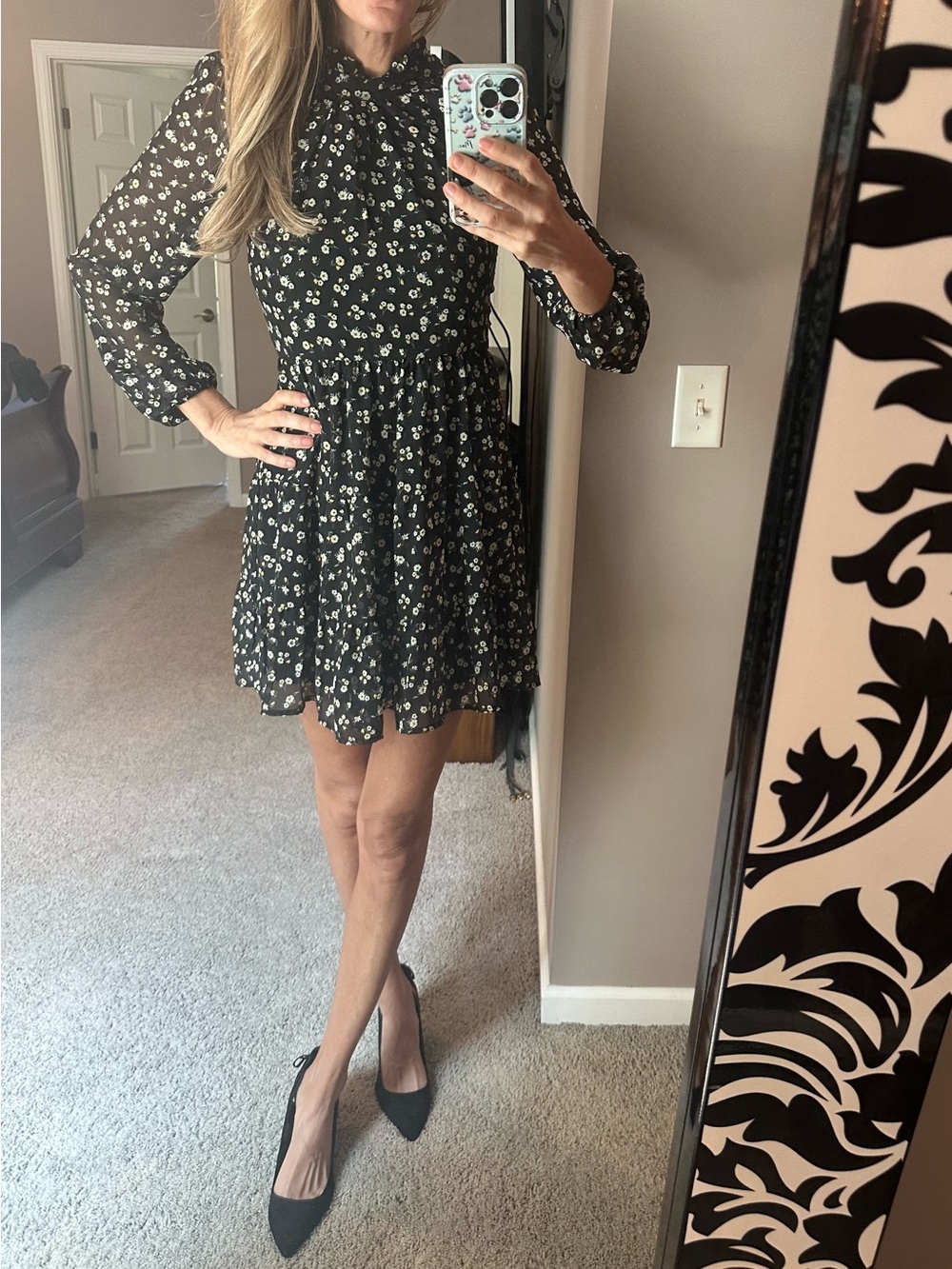 Floral Tie-Neck Long Sleeve Mini Dress - Black with White Daisy Print
